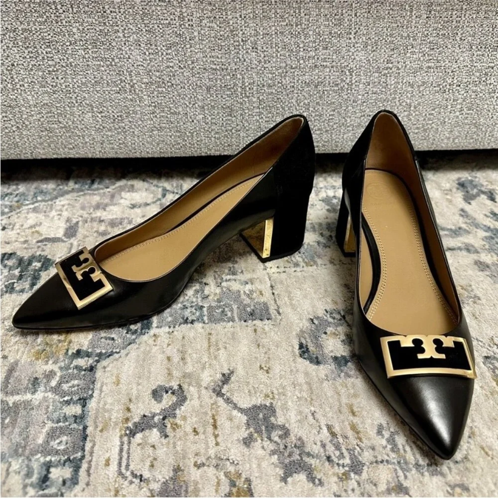 Tory Burch GiGi Black Leather Pointed Toe Block Heel Pumps, size 8.5, EUC - Picture 1 of 5